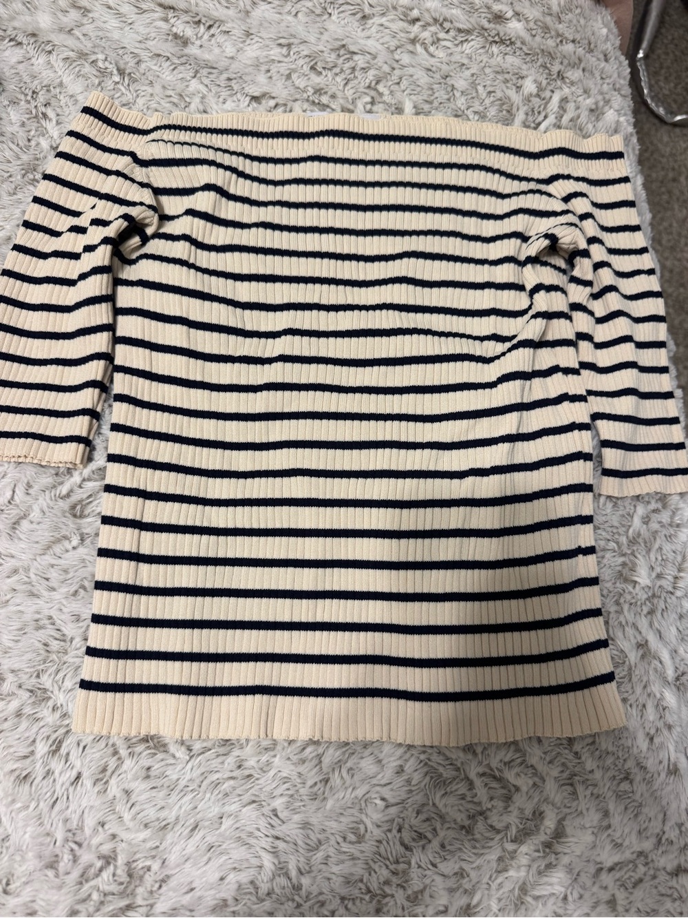 Zara Cream and Black Striped Off-Shoulder Sweater